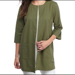 EILEEN FISHER Green Open Front Long Lagenlook Organic Cotton Jacket Size XL